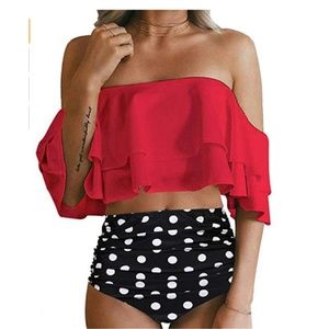 Off the Shoulder Bathing Suit Polka-Dot